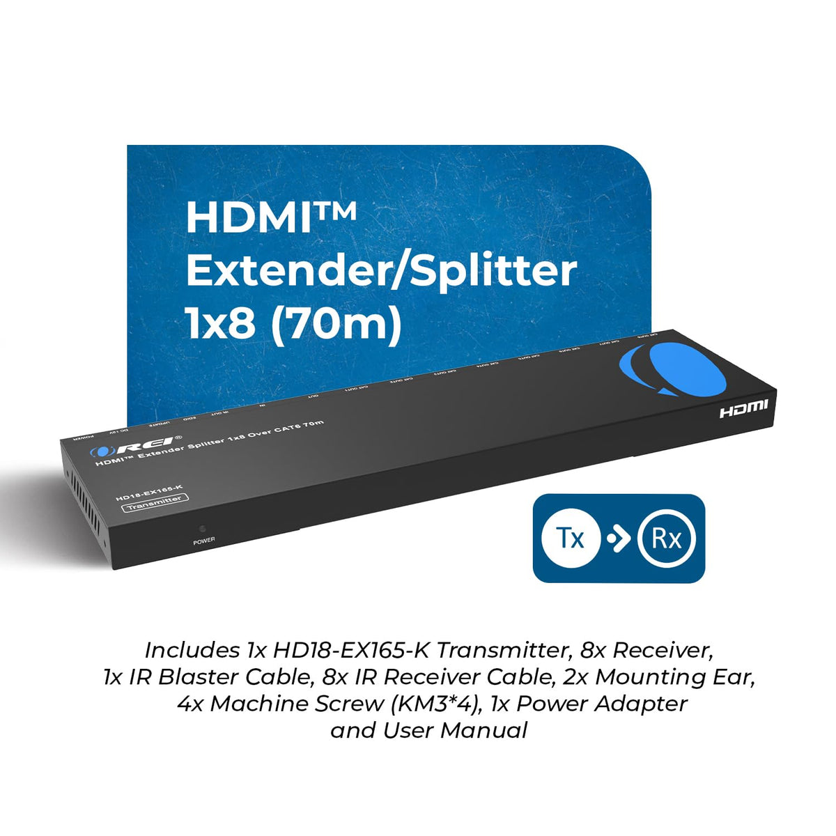 OREI 4K 1x4 HDMI Extender Splitter Over CAT6/7 Ethernet Cable Up to 4K@30Hz upto 165 ft-1080P@60Hz upto 230 ft, IR control, EDID, HDMI Loop Out (HD14-EX165-K)