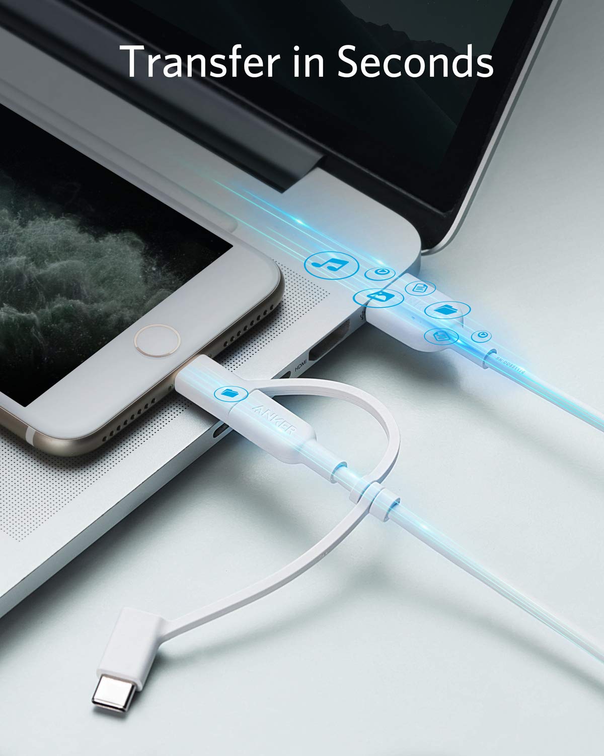 Anker Powerline II 3-in-1 Cable, Lightning/Type C/Micro USB Cable for iPhone, iPad, Huawei, HTC, LG, Samsung Galaxy, Sony Xperia, Android Smartphones, and More(3ft, White)