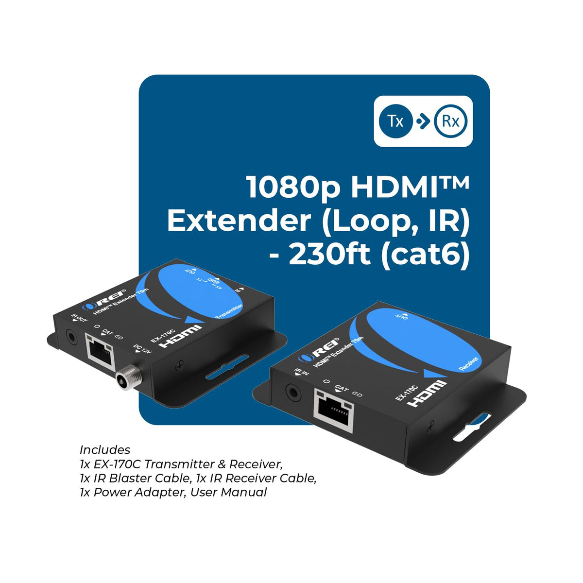 OREI 4K HDMI over Ethernet Extender Over CAT5/CAT6/CAT7, with IR Upto 164 Feet - Loop Out - 4K @ 30Hz 1080P Full HD Signal Distribution (EX-170C)
