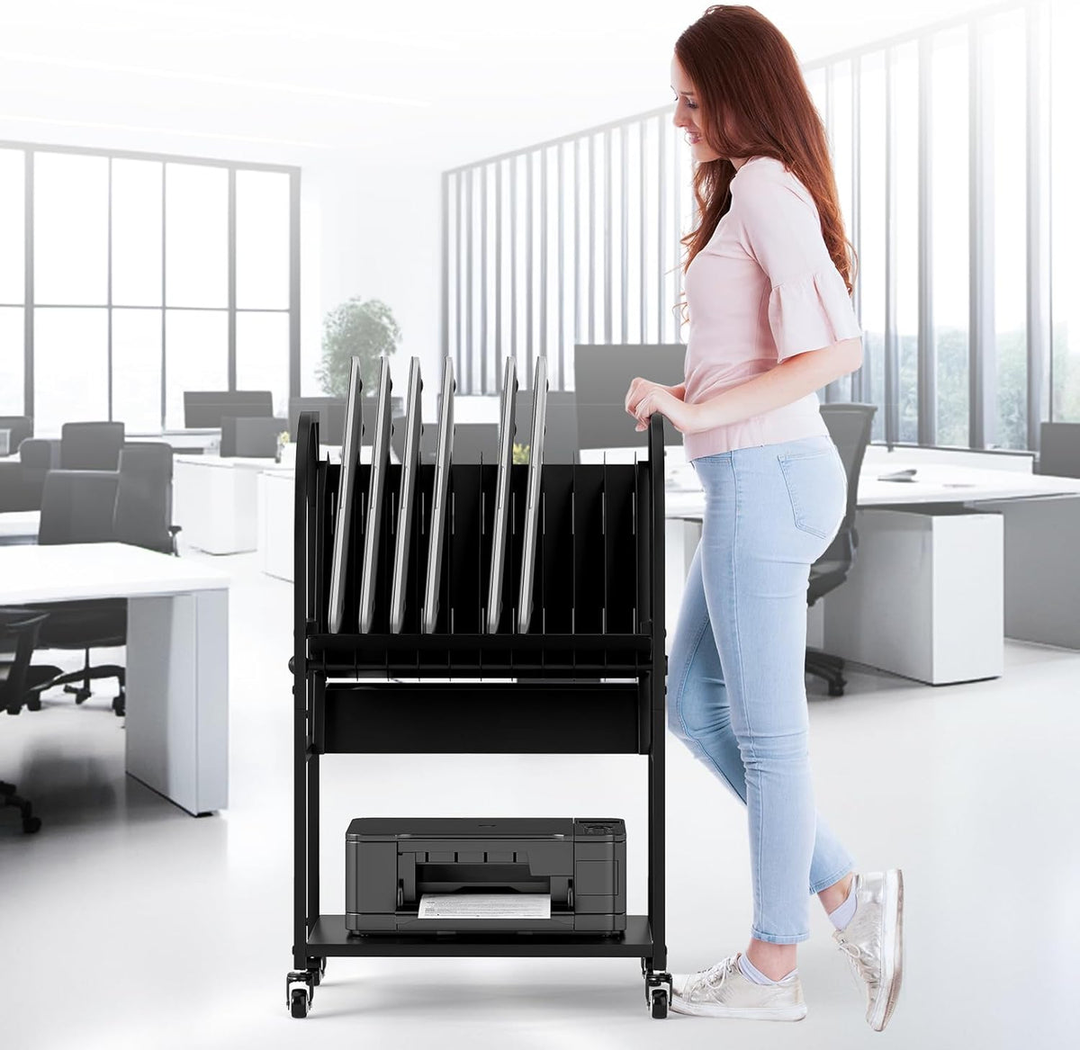 2 Tier Open Laptop Charging Cart with Wheels, 10 Device Mobile Charging Station for chromebook, iPads and Tablet, Laptop Charging Storage Rack for Office and Classroom
