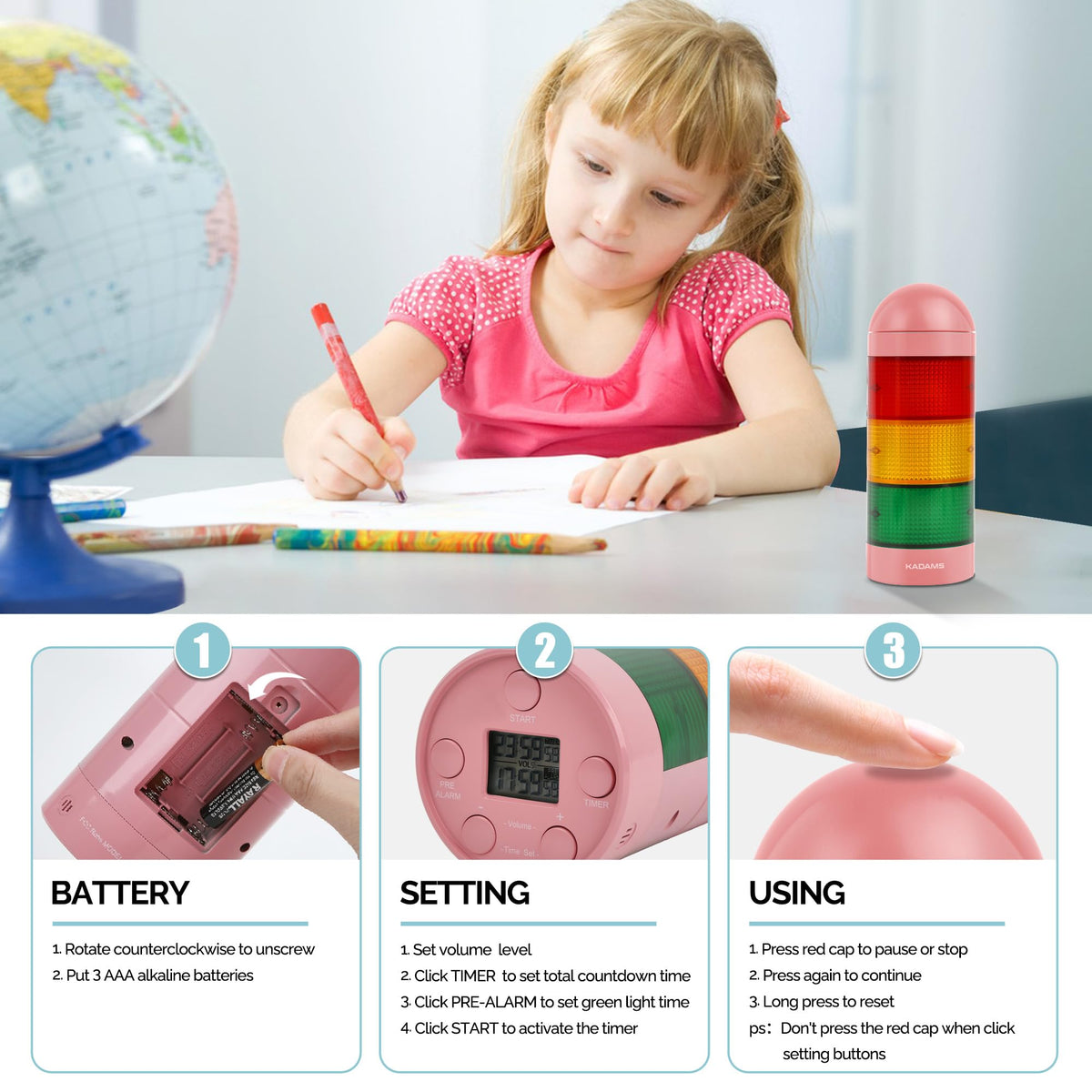 KADAMS Visual Timer for Kids with Audio Pre-Alarm - Traffic Light Alarm for Kids Toddler Teachers Classroom Home Time Management Tool 24hr Countdown Pause Memory Function