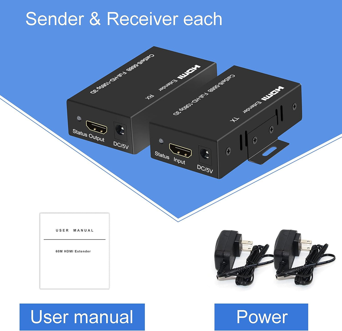 HDMI Extender Over Cat5e/6/7 Ethernet 1080p Up to 196ft HDMI Balun Sender Transmitter Receiver Support EDID and POC Function 3D HDCP