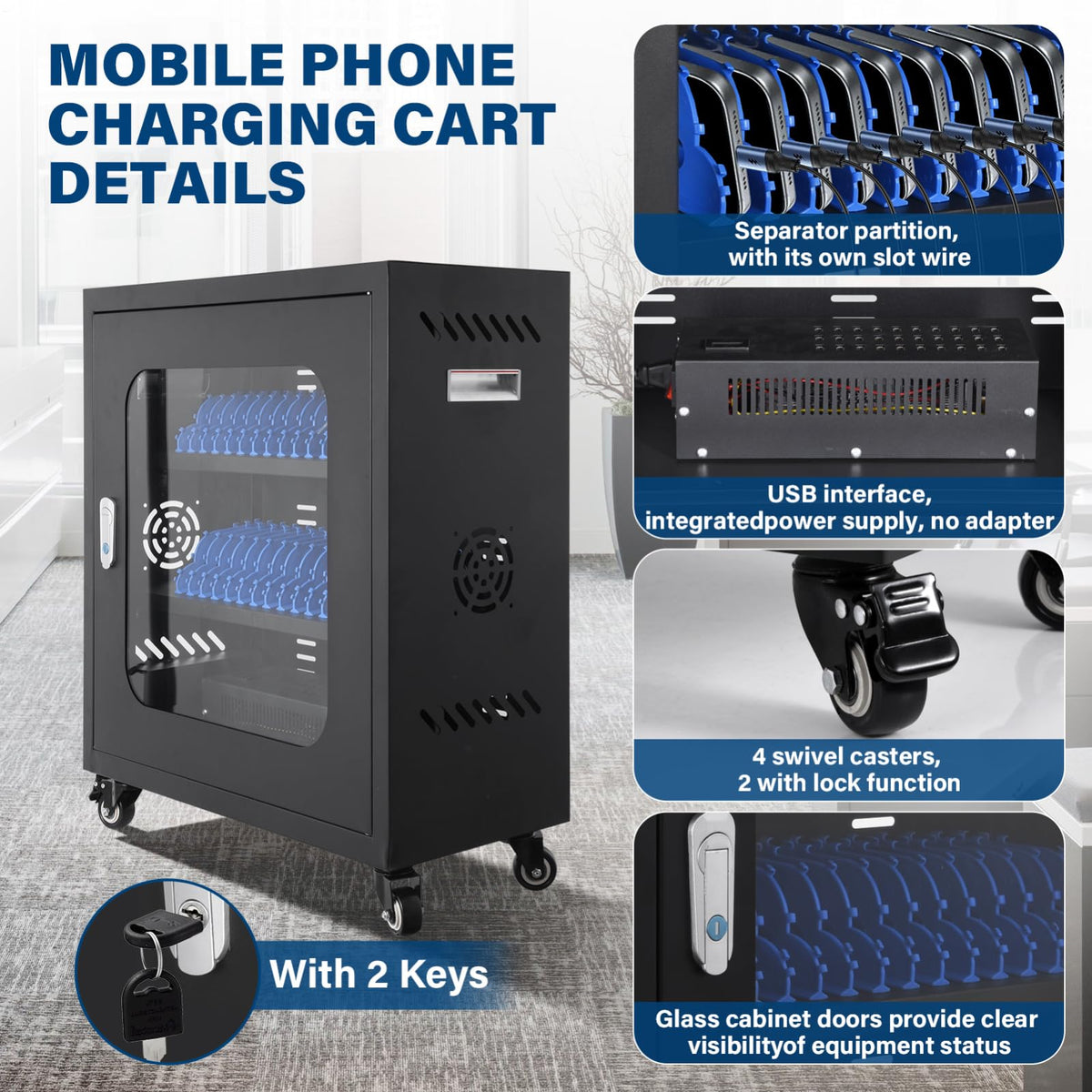 30 Device Mobiles Phone Charging Cart, Mobiles Charging Cabinet for Cell Phone, Rechargeable Cellphone Locker Storage Chargings Station, for Phones/Mini Tablets, School and Enterprise