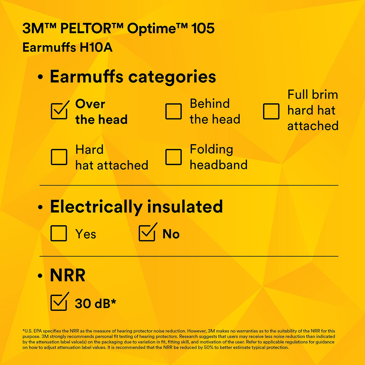 3M H10A Peltor Optime 105 Over the Head Earmuff, Ear Protectors, Hearing Protection, NRR 30 dB