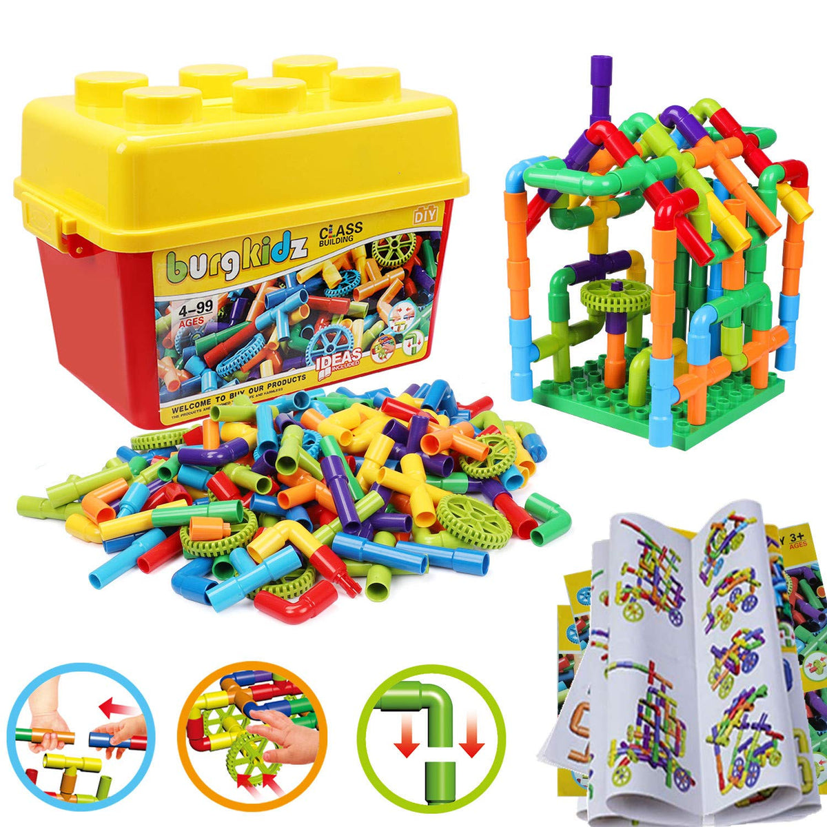 burgkidz STEM Learning Pipe Tube Construction Building Blocks, Sensory Toys with Wheels Baseplate for All Ages Kids Boys Girls, 188 Pcs