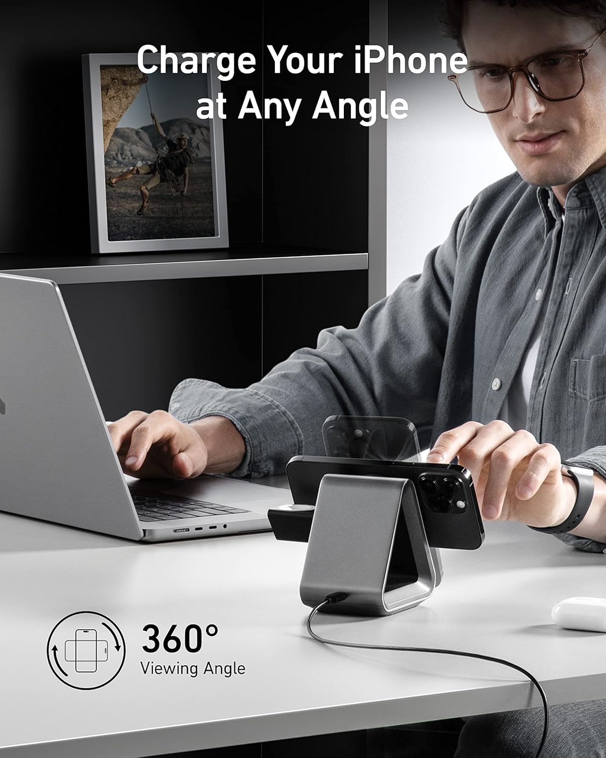Anker MagSafe Charger Stand, 737 MagGo Charger, 3-in-1 Charging Stand with MFi-Certified 15W Max Fast Charging, iPhone 15/14/13/12 Series, Apple Watch S8/7/6, AirPods, 30W USB-C Adapter Included
