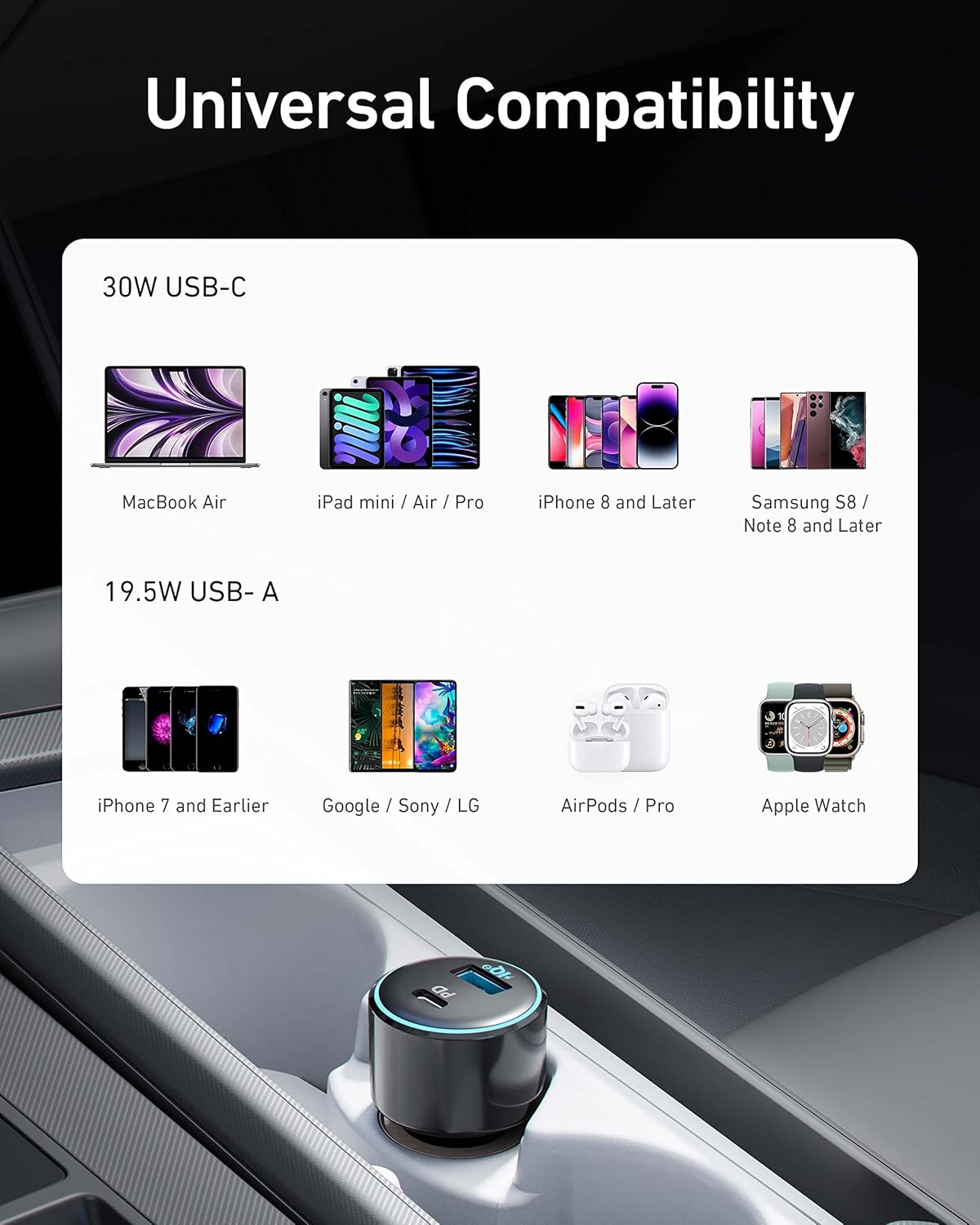 Anker USB C Car Charger, 49.5W PowerDrive Speed+ 2 Adapter, 30W PD Port for iPhone 15 14 13 12 11 Series, Compatible with S10/S9, MacBook Air, iPad Pro, 19.5W Fast Charge Port for S8 and More