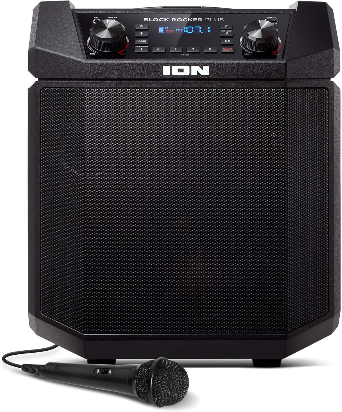 ION Block Rocker Plus - 100W Bluetooth Outdoor Speaker with Rechargeable Battery, Karaoke Microphone, Radio, Wheels, Telescopic Handle & USB Charging