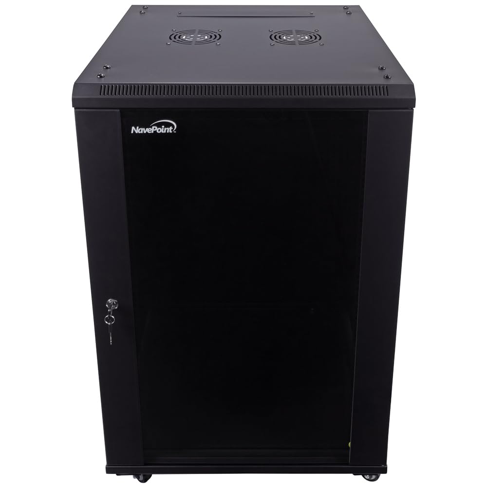NavePoint 15U Server Cabinet Wall Mount Rack Enclosure with Caster Wheels, Includes 2 Fans, Locking Glass Door, Removable Side Panels – 15U Network Cabinet 17.7” Deep, 19”Server Rack for IT Equipment