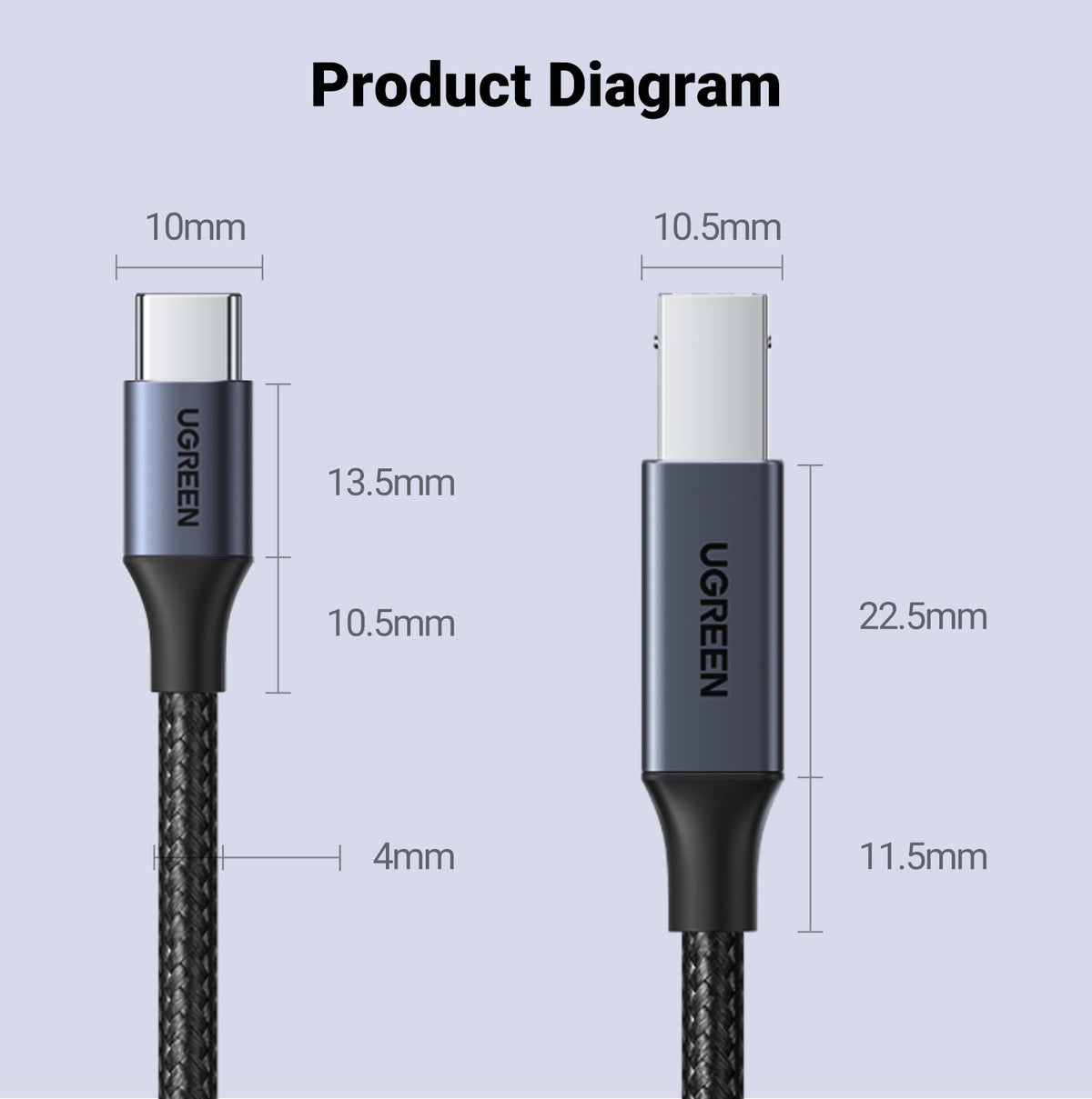 UGREEN USB B to USB C 6 FT Printer Cable, Nylon USB B to C Cord for MacBook Pro/Air, MIDI Cable Compatible with Yamaha Piano Keyboard, DAC, DJ Controller for iPad