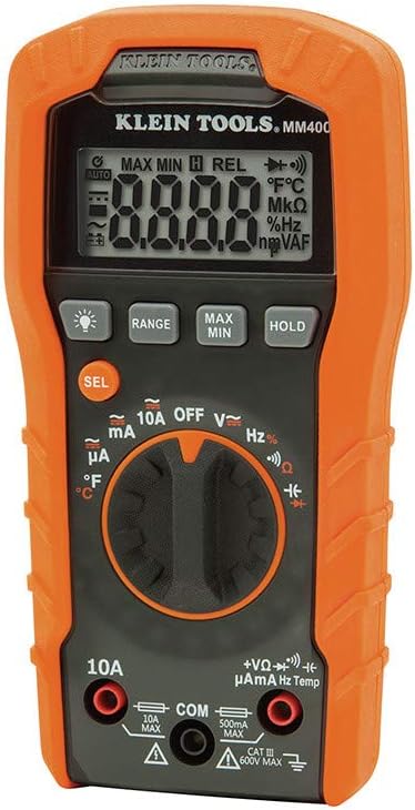 Klein Tools MM400 Multimeter, Digital Auto Ranging, AC/DC Voltage, Current, Capacitance, Frequency, Duty-Cycle, Diode, Continuity, Temp 600V