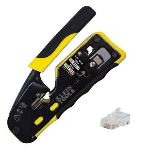 Klein Tools VDV226-110 Ratcheting Modular Data Cable Crimper / Wire Stripper / Wire Cutter for RJ11/RJ12 Standard, RJ45 Pass-Thru Connectors