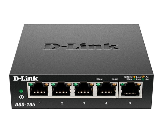 D-Link Ethernet Switch, 5 Port Gigabit Unmanaged Metal Desktop Plug and Play Compact (DGS-105),Black