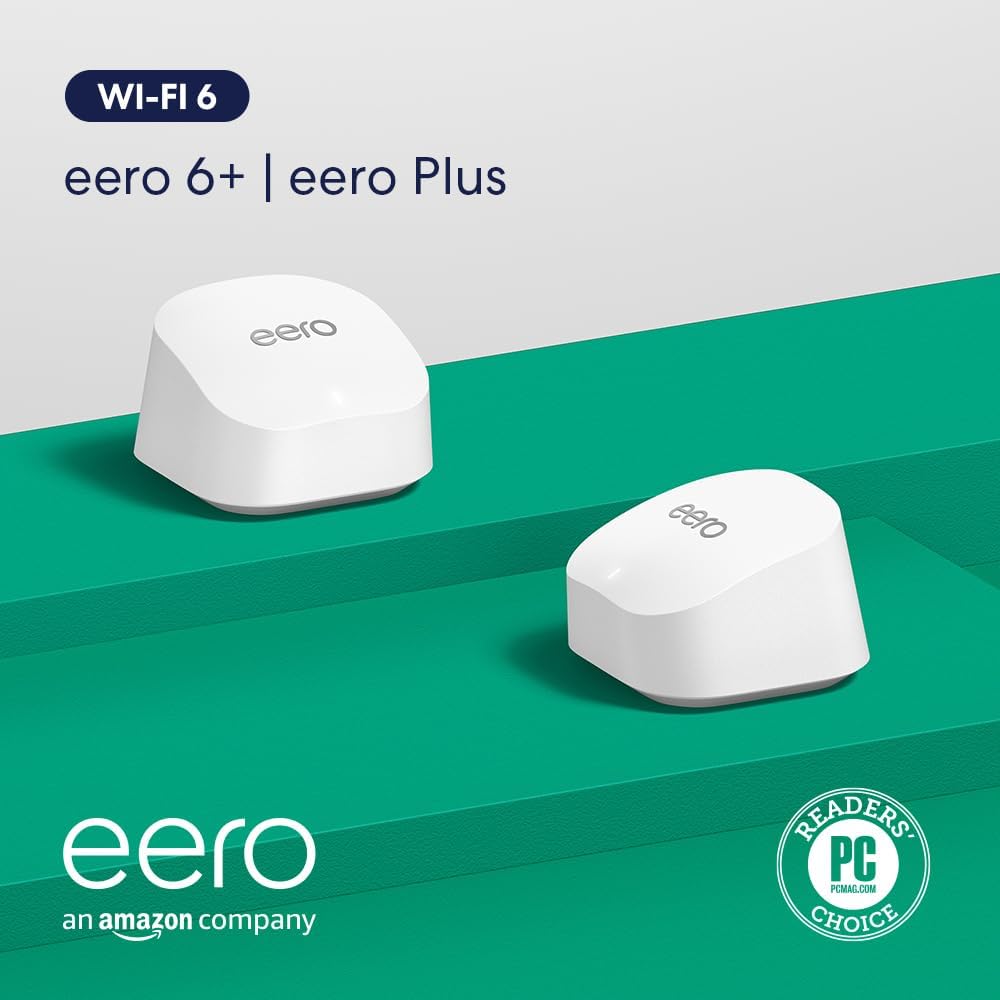 Amazon eero 6+ mesh wifi system - Supports internet plans up to a Gigabit, Coverage up to 4,500 sq. ft., Connect 75+ devices, 3-pack