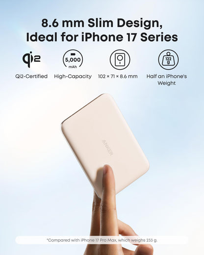 Anker Nano MagSafe Power Bank, Ultra-Slim 5,000mAh Magnetic Wireless Charging Battery, Qi2 Certified 15W Max MagSafe-Compatible Portable Charger, Ergonomic Design, for iPhone Air/17/16 Series