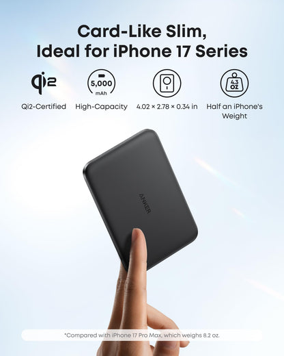 Anker Nano MagSafe Power Bank, Ultra-Slim 5,000mAh Magnetic Wireless Charging Battery, Qi2 Certified 15W Max MagSafe-Compatible Portable Charger, Ergonomic Design, for iPhone Air/17/16 Series