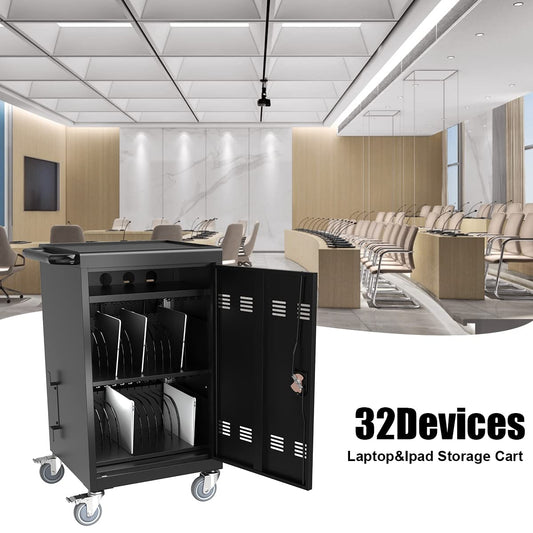 Laptop Charging Cart, 16 Device Tablet Storage Carts for iPad Up to 16.3" Screen Size, Mobile Charging Station for Classroom, with Cord Organizer, Front and Back Access Locking Cabinet Black
