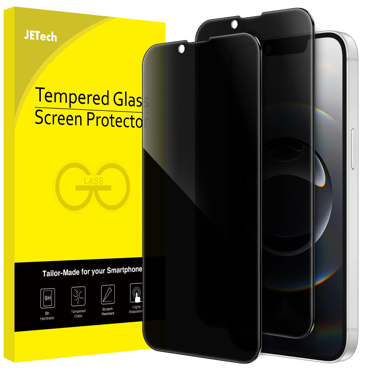 JETech Privacy Screen Protector for iPhone 15 6.1-Inch, Anti-Spy Tempered Glass Film with Easy Installation Tool, 2-Pack