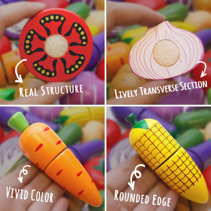 Wooden Play Food for Kids Kitchen Cutting Fruits Toys for Toddlers Pretend Vegetables Gift for Boys Girls Educational Toys