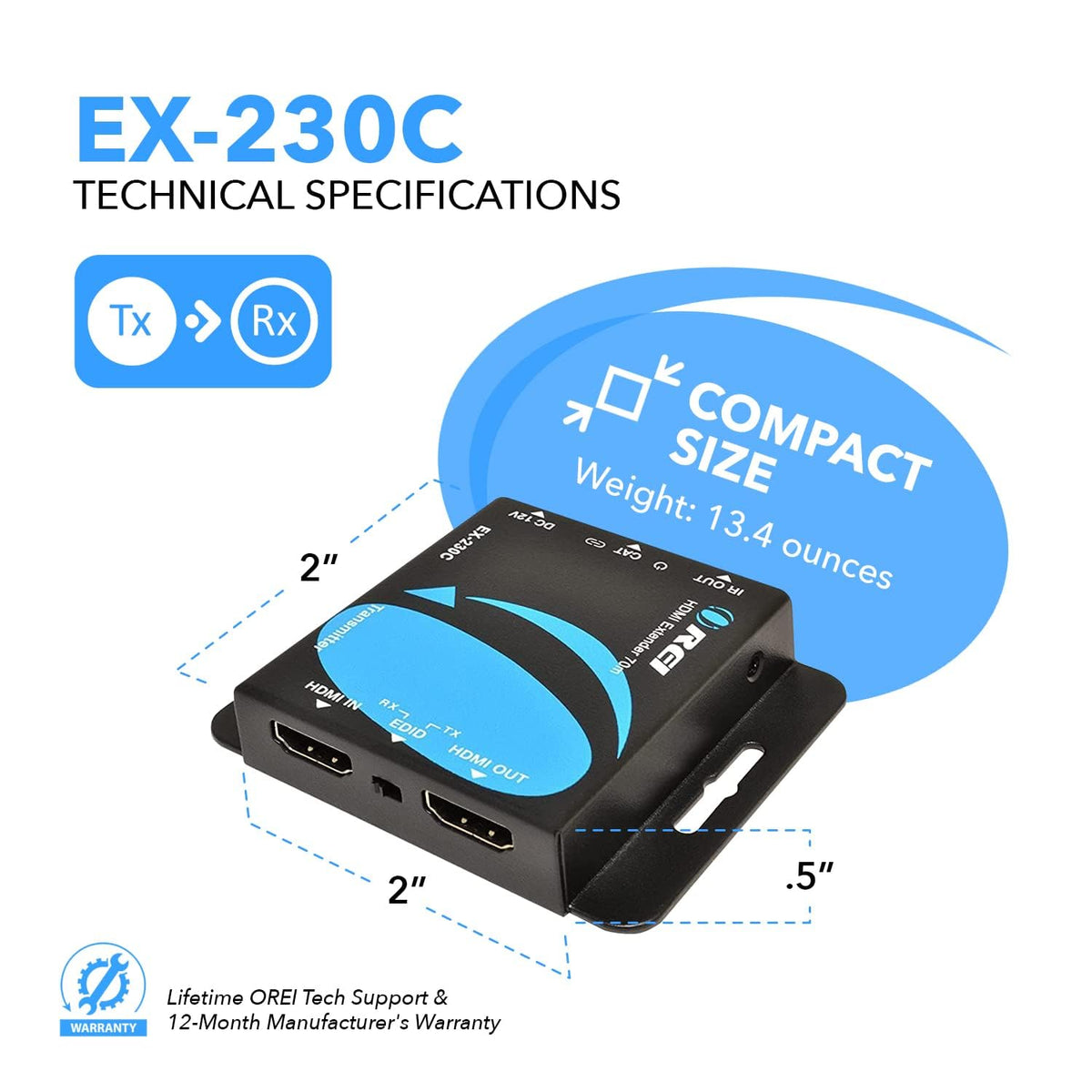 OREI 4K HDMI Over Ethernet Extender RJ45 (CAT6/CAT7) – 4K@30Hz up to 131ft / 1080p up to 230ft, Full HD POC Transmitter & Receiver with IR Loop Out (EX-230C)