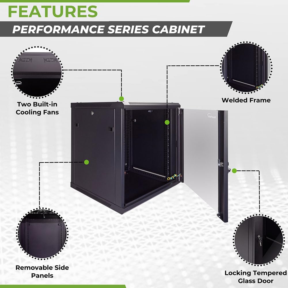 NavePoint 15U Server Cabinet Wall Mount Rack Enclosure with Caster Wheels, Includes 2 Fans, Locking Glass Door, Removable Side Panels – 15U Network Cabinet 17.7” Deep, 19”Server Rack for IT Equipment