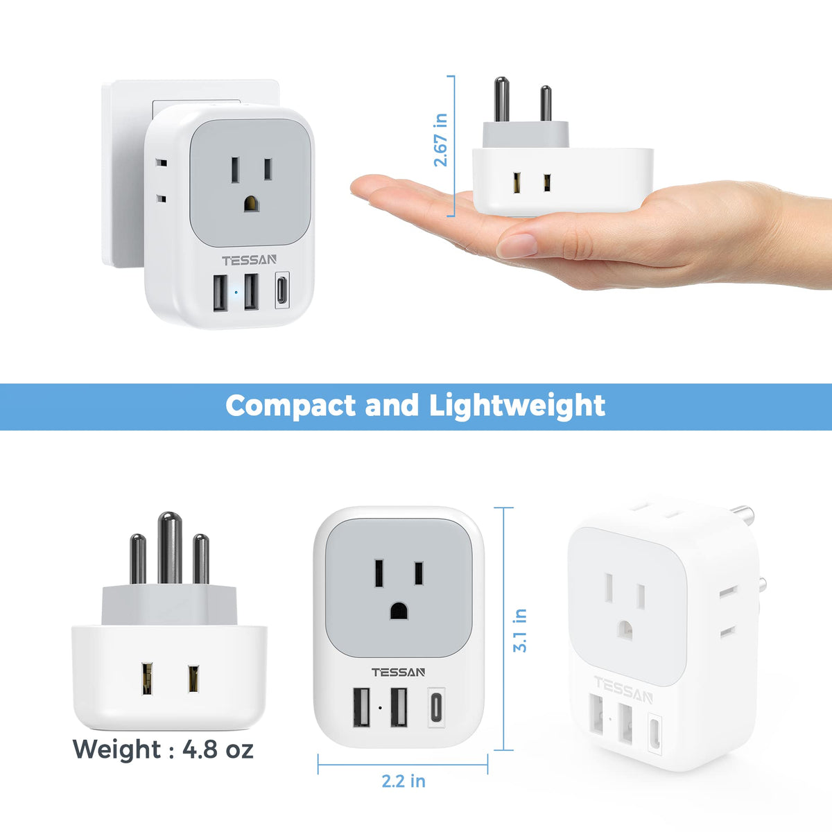 2 Pack European Plug Adapter USB C, TESSAN US to Europe Adapter 4 Outlets 3 USB Charger, Type C International Power Adaptor to Italy Spain France Portugal Iceland Germany, Europe Travel Essentials
