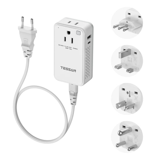 TESSAN 220 to 110 Voltage Converter US to Europe, International Travel Power Adapter with 4 USB Ports(2 USB C), 2 AC and EU/UK/AU Plug Universal Power Converter Adapter Combo, Step Down Transformer