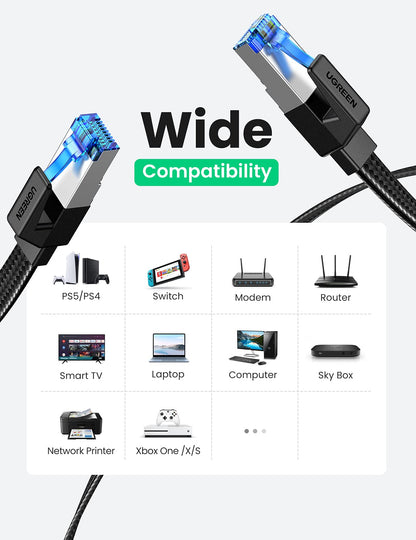UGREEN Cat 8 Ethernet Cable 3FT, Flat High Speed 40Gbps 2000Mhz Internet Cable 26AWG Braided Network Cord RJ45 Shielded Indoor LAN Cables Compatible for Gaming PC PS5 Xbox Modem Router 3FT