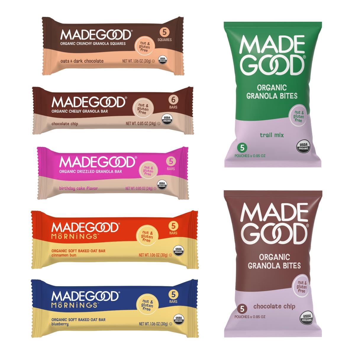 MadeGood Granola Variety Pack, Crunchy Squares, Bites, Bars, and Morning Bars for Breakfast and Healthy Snacking, Organic and Gluten Free, 36 Pack