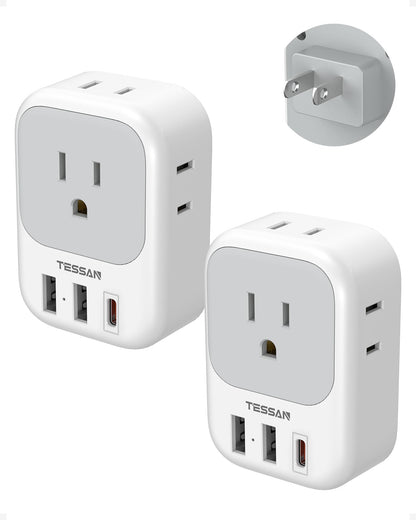 2 Pack European Plug Adapter USB C, TESSAN US to Europe Adapter 4 Outlets 3 USB Charger, Type C International Power Adaptor to Italy Spain France Portugal Iceland Germany, Europe Travel Essentials