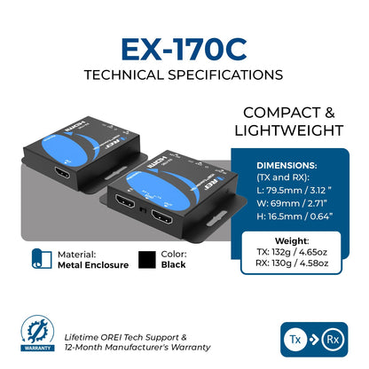 OREI 4K HDMI over Ethernet Extender Over CAT5/CAT6/CAT7, with IR Upto 164 Feet - Loop Out - 4K @ 30Hz 1080P Full HD Signal Distribution (EX-170C)