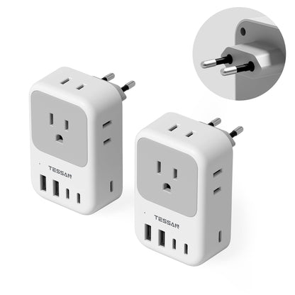 2 Pack European Plug Adapter USB C, TESSAN US to Europe Adapter 4 Outlets 3 USB Charger, Type C International Power Adaptor to Italy Spain France Portugal Iceland Germany, Europe Travel Essentials