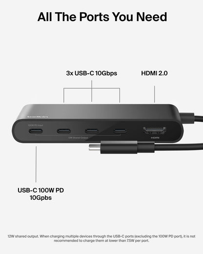 Belkin USB C Hub, 4-in-1 Multi-Port Laptop Dock with 4K HDMI, USB C Docking Station with 100 Watt Pass-Through Power Delivery, 2 X USB A Ports For MacBook Pro, Air, iPad Pro, Chromebook and More