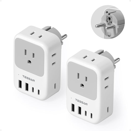 TESSAN Type F Plug Adapter 2 Pack, 28W Germany France Travel Plug Adapter with 4 Outlets 5 USB Ports (3 USB-C), Type E Power Adaptor for US to Europe Spain Iceland Greece South Korea Russia Norway