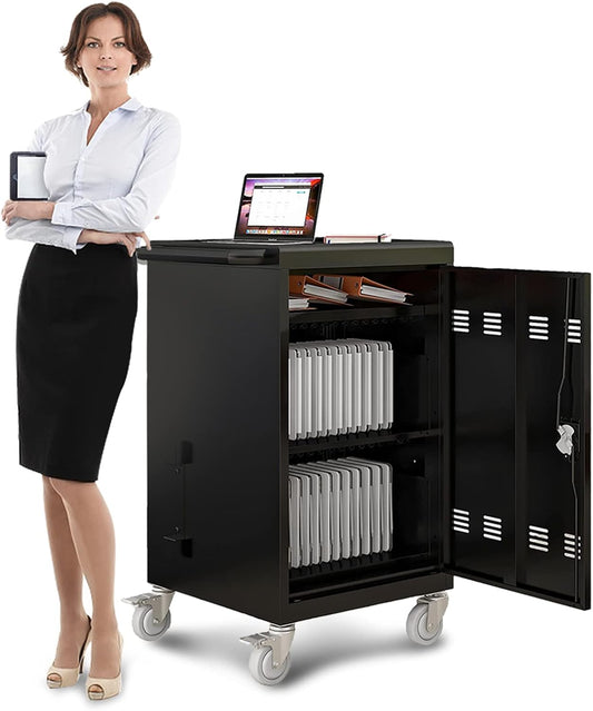 30 Devices Mobile Charging Cart Cabinet, Storage Cart for Chromebook, Tablet, Laptop, Computer Charging Station for Classroom, Up to 16-in Screen Size, Safe Locking (Black)