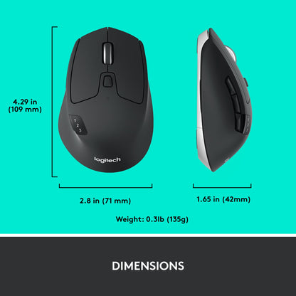Logitech M720 Triathlon Multi-Device Wireless Mouse, Bluetooth, USB Unifying Receiver, 1000 DPI, 6 Programmable Buttons, 2-Year Battery, Compatible with Laptop, PC, Mac, iPadOS - Black