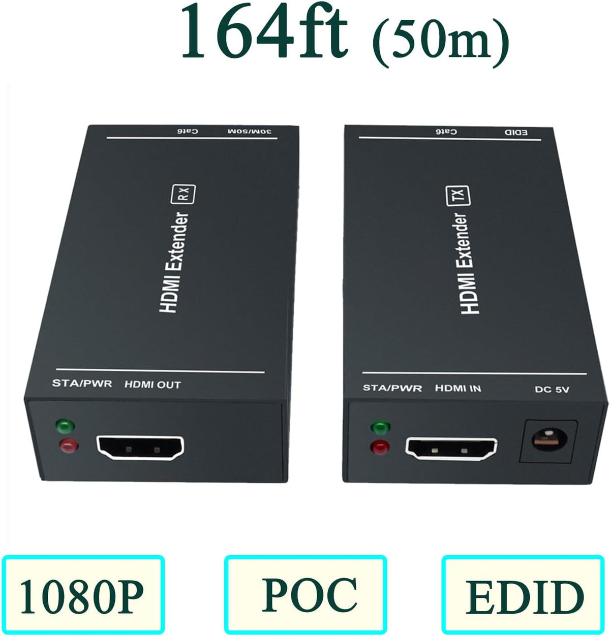 HDMI Extender 1080p@60Hz, 3D, Over Single Cat5e/Cat6/Cat 7 Cable Full HD Uncompressed Transmit Up to 164 Ft(50m), EDID and POC Function Supported (Transmitter and Receiver)