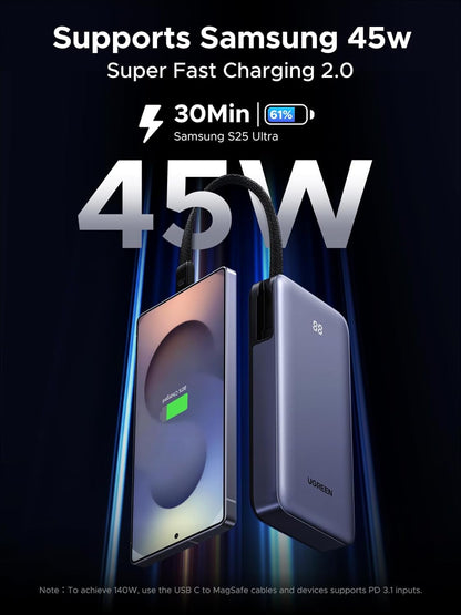 UGREEN Nexode Power Bank 20000mAh 45W with Built-in Cable, Fast Charging Portable Charger for iPhone 17 Pro/Samsung S26 Ultra/iPad Pro, 3-Port External Battery Pack with Digital Display, Travel Ready