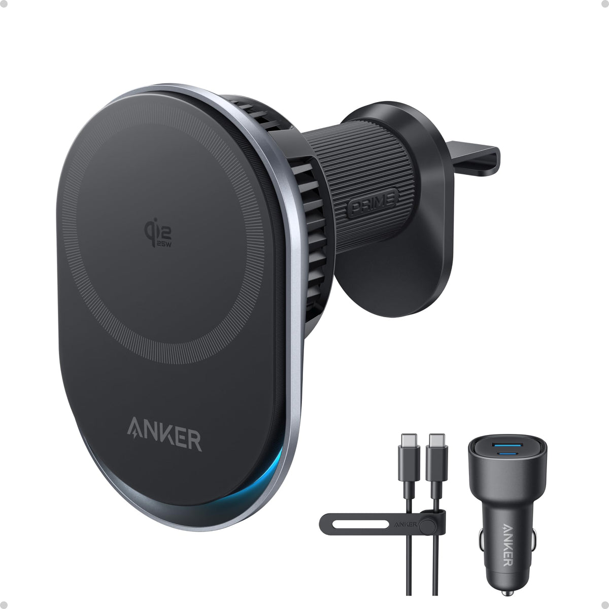 Anker Prime MagSafe Car Mount Charger, Qi2 25W Certified Wireless Car Charger with AirCool, Strong Magnets, Air Vent Mount for iPhone 17-12 Series (Check Vent Compatibility, 60W Adapter Included)