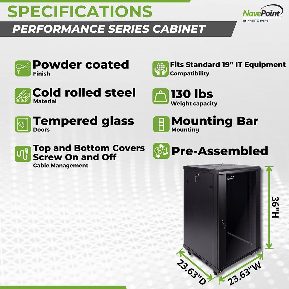 NavePoint 15U Server Cabinet Wall Mount Rack Enclosure with Caster Wheels, Includes 2 Fans, Locking Glass Door, Removable Side Panels – 15U Network Cabinet 17.7” Deep, 19”Server Rack for IT Equipment