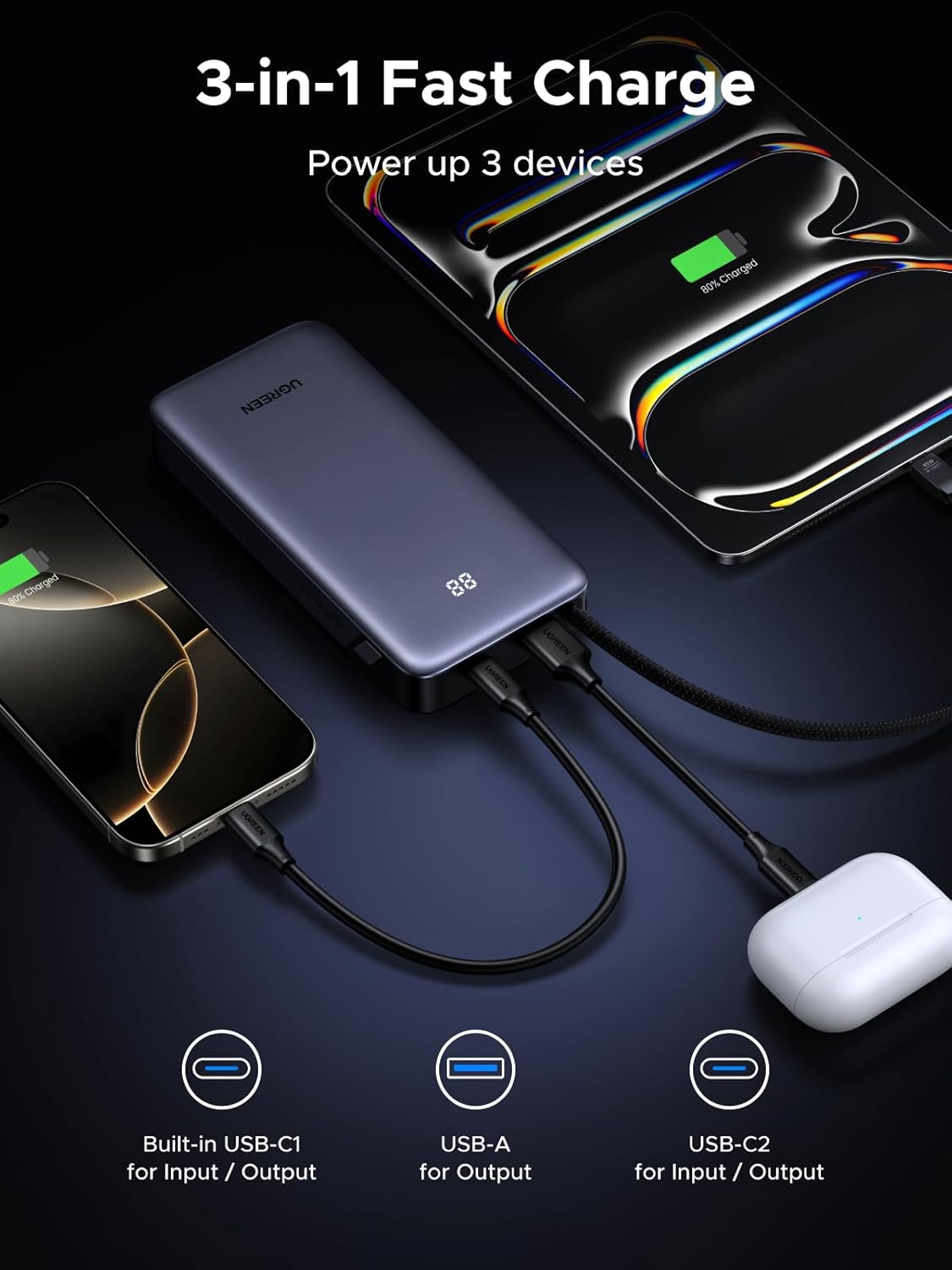 UGREEN Nexode Power Bank 20000mAh 45W with Built-in Cable, Fast Charging Portable Charger for iPhone 17 Pro/Samsung S26 Ultra/iPad Pro, 3-Port External Battery Pack with Digital Display, Travel Ready