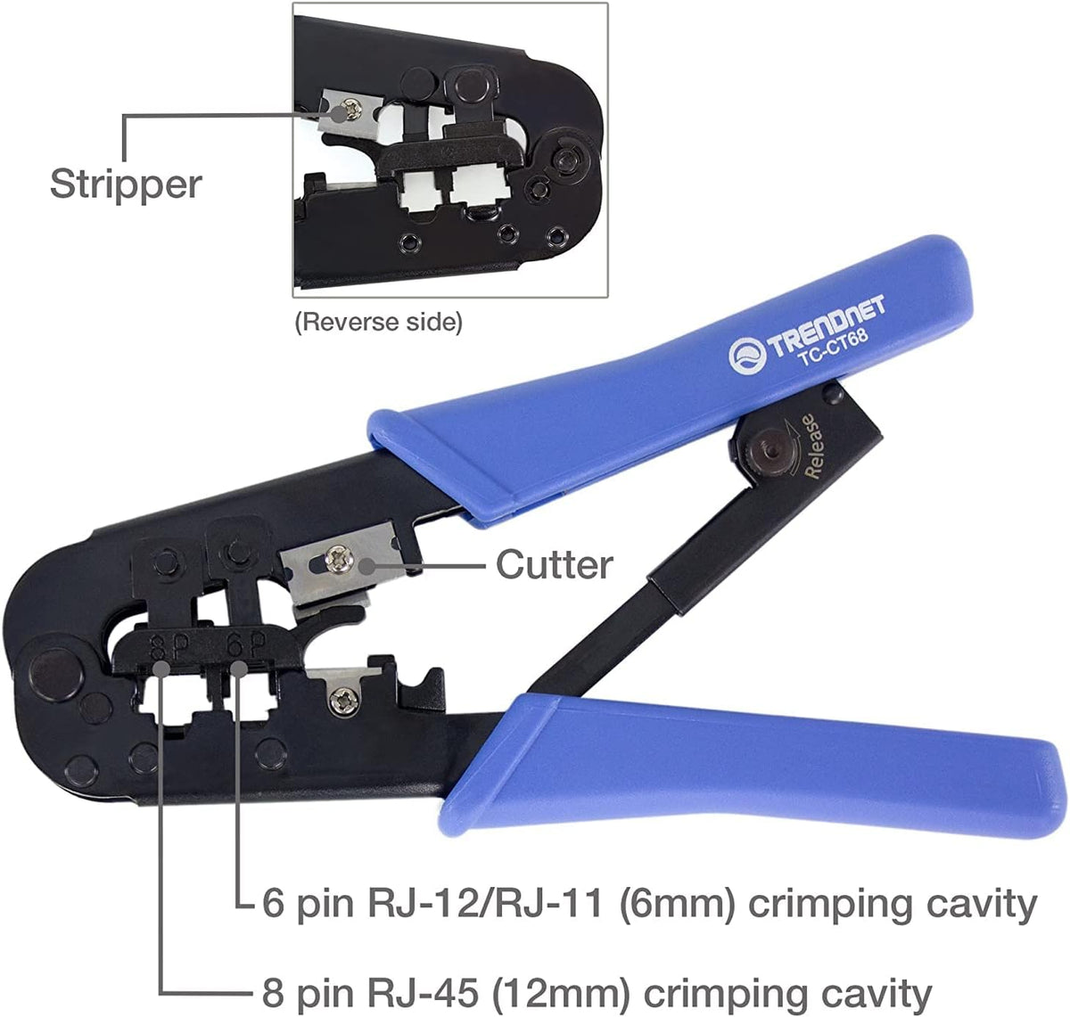 TRENDnet Crimping Tool, TC-CT68, Crimp, Cut, & Strip Cable for 8 and 6 Position Modular Plugs, Built-In Cutter and Stripper, NDAA + TAA Compliant, 8P-RJ-45, 6P-RJ-12, RJ-11, Steel Construction, Black