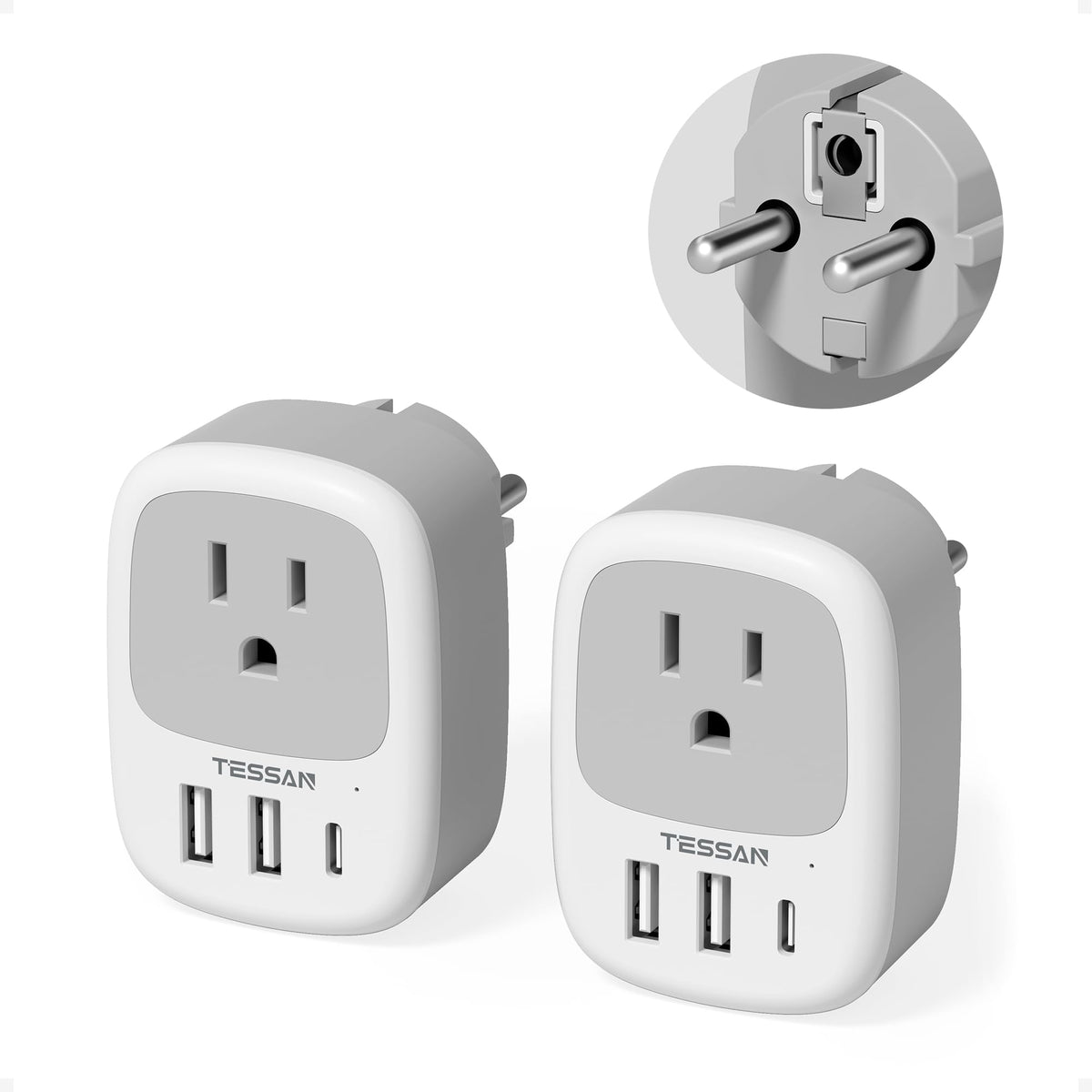 2 Pack European Travel Plug Adapter, TESSAN US to Europe Plug Adapter with 3 USB Ports (1 USB C), Type C Power Outlet for EU International Italy Iceland Spain France Germany