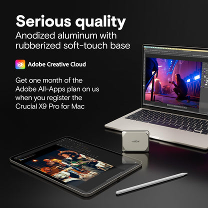 Crucial X9 Pro 1TB Portable SSD, Up to 1050MB/s Read & Write, 3.2 USB-C, External Solid State Drive, Durable Storage for PC & Mac, for Content Creators & Videogaphers, Silver - ‎CT1000X9PROSSD902