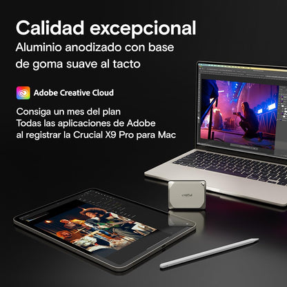 Crucial X9 Pro 1TB Portable SSD, Up to 1050MB/s Read & Write, 3.2 USB-C, External Solid State Drive, Durable Storage for PC & Mac, for Content Creators & Videogaphers, Silver - ‎CT1000X9PROSSD902