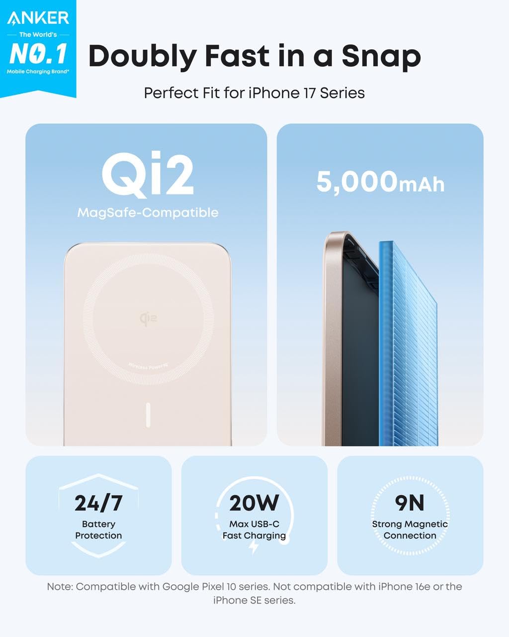 Anker Nano MagSafe Power Bank, Ultra-Slim 5,000mAh Magnetic Wireless Charging Battery, Qi2 Certified 15W Max MagSafe-Compatible Portable Charger, Ergonomic Design, for iPhone Air/17/16 Series