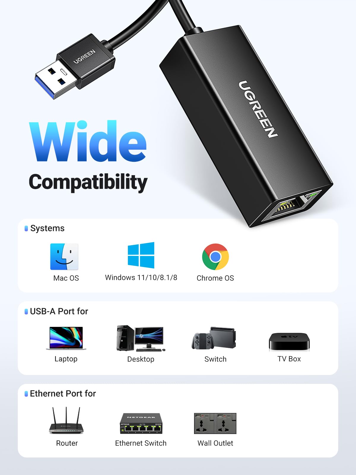 UGREEN USB to Ethernet Adapter, 1000Mbps Plug and Play Ethernet Adapter with USB 3.0, Driver Free, RJ45 LAN Network Dongle Compatible with Nintendo Switch, Laptop, PC, MacBook, Windows, macOS, Linux