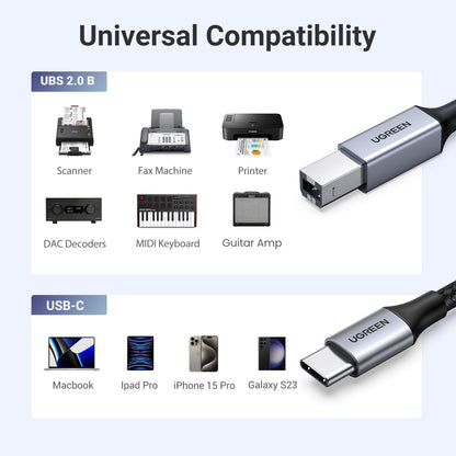 UGREEN USB B to USB C 6 FT Printer Cable, Nylon USB B to C Cord for MacBook Pro/Air, MIDI Cable Compatible with Yamaha Piano Keyboard, DAC, DJ Controller for iPad