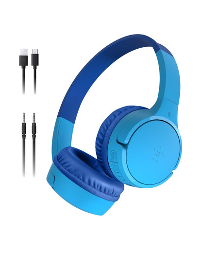 Belkin SoundForm Mini - Wireless Bluetooth Kids Headphones, 30H Battery, 85dB Safe Volume Limit, Built-in Microphone - Toddler On-Ear Earphones for iPhone, iPad - Ideal for School - Blue w/Case