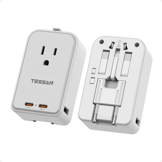 TESSAN Travel Adapter PD 20W, Universal Power Adapter 2 USB C 1 USB A, Ultra Thin International Plug Adaptor Worldwide Outlet for US to European UK Italy Spain New Zealand (Type C G A I), 1 Pack